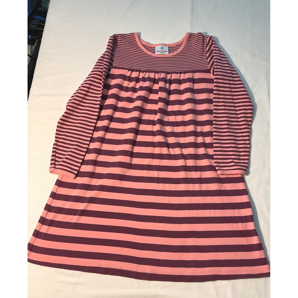 Hanna Andersson Kids Pink Purple Striped Long Sleeve Cotton Dress Size 130 8-10